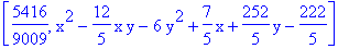 [5416/9009, x^2-12/5*x*y-6*y^2+7/5*x+252/5*y-222/5]
